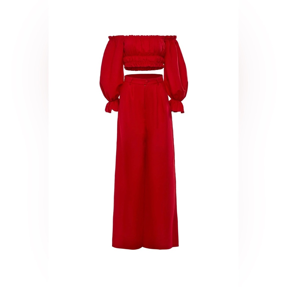 Two piece pants set with crop over the shoulder top (Red)